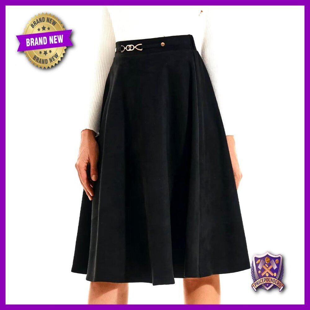 Faux Suede Knee Length Skirt High Waist Flared Stretch A Line Midi